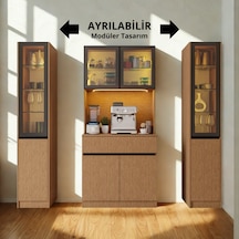 Nordıc Wood Led Li Kahve Köşesi Ünitesi Maxı Çift Vitrinli Füme Cam Komple Mdf Geniş Mutfak Dolabı Kahverengi