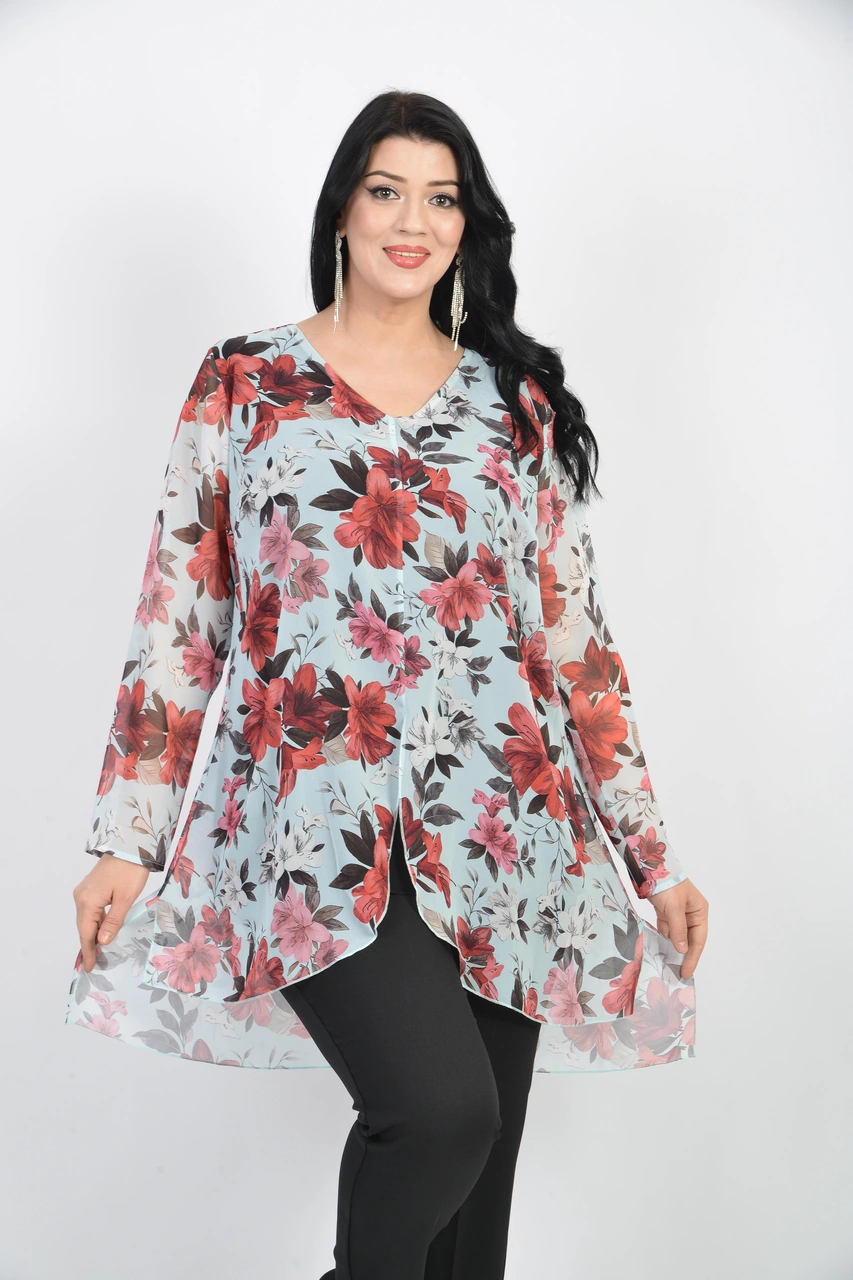 Lilas Xxl Büyük Beden Kırmızı Çiçek Desenli Şifon Bluz Kırmızı