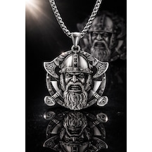 Paslanmaz Çelik Iskandinav Mitolojisi Norse Balta Figürlü Tanrı Odin Kolye / Viking Savaşçı Kolye Gümüş - Gri