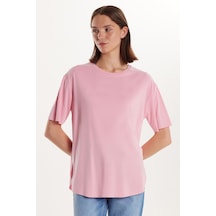 Tudors Kadın Modal Kumaş Relax Fit Rahat Kesim Bisiklet Yaka Basic Pembe Tişört-34255 Pembe