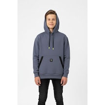 Kapüşonlu Kanguru Cepli Detaylı Şardonlu 100% Pamuk 3 İplik Erkek Çocuk Sweatshirt-90840 İndigo