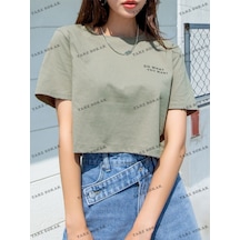 Flood Of Style Crop Ckod-232913 Dazy Sloganlı Yuvarlak Yaka Nane Yeşili