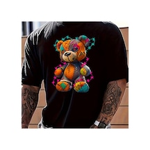 Caddemia Yaz Moda Rahat Spor Gevşek Büyük Karikatür Teddy Bear Desen Baskılı Yuvarlak Siyah 2XL