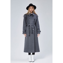 Kuşaklı Oversize Kaşe Kaban Koyu Gri