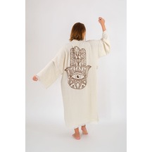 Befera Müslin Kimono Pamuklu Fatma Ana Eli Baskılı Desenli Bornoz Kaftan Sabahlık Ekru