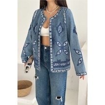 Femelle Etnik Desenli Pul Payet Nakışlı Denim Kot Ceket Vintage Bohem Tarz - 2789 mavi