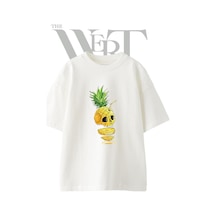 Thewert Ananas Kuru Kafa Tasarım Baskılı Ünisex Beyaz Oversize T-shirt