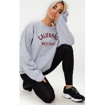 California West Coast Letter Sweatshirt - Gri Baskılı Oversize Bisiklet Yaka Gri