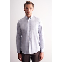 İmza Beyaz - Gri Düğmeli Yaka Kareli Desen Uzun Kol Premium Slim Fit %100 Pamuk Gömlek 1004255184 Beyaz - Gri