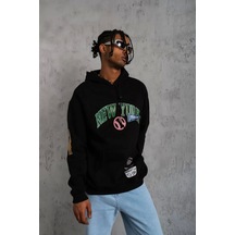 Erkek Baskılı Kapüşonlu Sweatshirt - Siyah Siyah