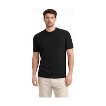 Barlashive Erkek Yazlık Fitilli Triko Tişört Kısa Kol Bisiklet Yaka T-shirt - Siyah Çok Renkli
