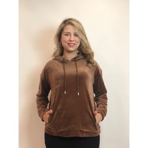 Kadife Kapüşonlu Kahverengi Kadın Sweatshirt