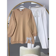 Lovie Moda Kurdele Nakışlı Tesettür Tunik Pantolonlu Takım Bej