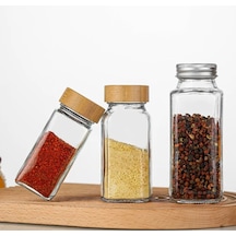 2'li Bambu Kapaklı Kare Cam Baharatlık Cam Saklama Kabı - 120ml ŞEffaf