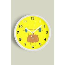 Sevimli Halterci Kabak Çocuk Odası Duvar Saati - 35cm - Önü Camlı Beyaz Kasa - Sessiz Mekanizma Beyaz