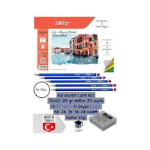 Karakalem Çizim Seti 35x50 120 Gr Defter 20 Sayfa 10 Renkli 10 Beyaz Kağıt Hb-2b-3b-5b-6b Kalem Çok Renkli