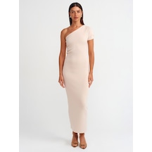 Dilvin Drapeli Triko Elbise Bej