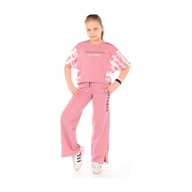 Toontoy Kids Toontoy Kız Çocuk 2'li Takım Baskılı Kısa Kollu Sweatshirt & Beli Lastikli Yırtmaçlı Bol Paça Eşofman Altı - 30/1 Penye Gül Kurusu