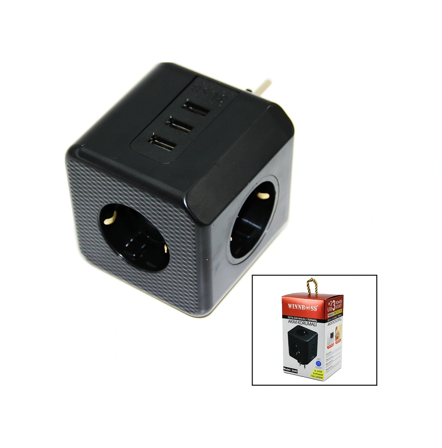 Termal Akım Korumalı 3x Priz 3x Usb Duvar Tipi Priz Siyah 10a - 2500w 0.7 M