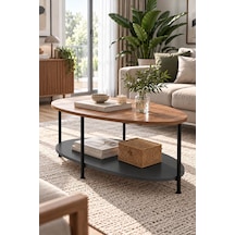 Oval Orta Sehpa 90 Cm İki Katlı Raflı Metal Ayaklı Modern Dekoratif Salon Sehpası Çam - Antrasit