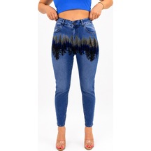 Zanessi Fashıon Büyük Beden Baskılı Denim Kadın Pantolon Mavi