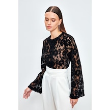 Sateen Dantelli Crop Bluz - Siyah
