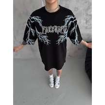 Kadın Bisiklet Yaka Yıldırım Baskılı Kısa Kol Oversize T-shirt - Siyah Siyah
