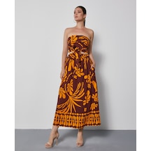 Kadın Straplez Desenli Takım Bağlamalı Büstiyer Ve Bol Kesim Pantolon Etek Kahve