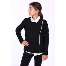 Toontoy Kız Çocuk Fermuar Detaylı Baskılı Sweatshirt Siyah