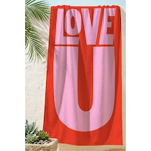 Love Yazılı Modern Plaj Havlusu - Tipografik Kırmızı Pembe Hızlı Kuruyan Havuz Deniz Banyo Havlusu Mat Lavanta