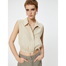 Koton Keten Karışımlı Crop Gömlek Kolsuz Fermuarlı Beli Lastikli Bej 4sal60112ıw Ekru