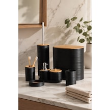 Porsima 4530 8 Parça Banyo Seti - Bambu Kapaklı Çöp Kovası, Sabunluk, Diş Fırçalığı Ve Wc Fırçası Siyah