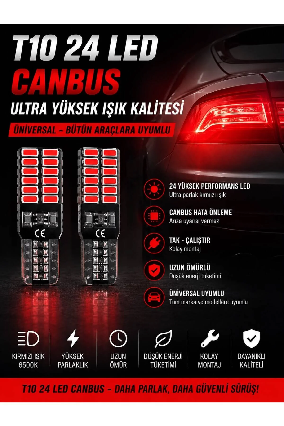 T10 24 Led Canbus Lı Ultra Yüksek Işık Kalitesi Üniversal KIRMIZI