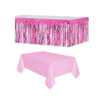 Plastik Pembe Masa Örtüsü - Pembe Metalize Masa Eteği Püskülü
