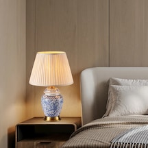 Elea Blue Blanc Desenli Seramik Oturma Odası Salon Abajur Lacivert