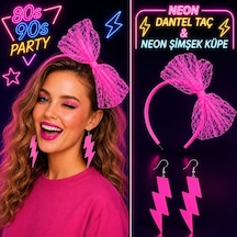 Neon Pembe Dantel Taç Ve Şimşek Küpe 8039ler 9039lar Parti Seti "
