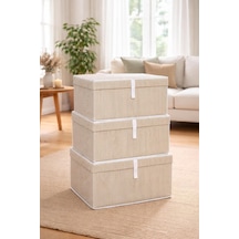 Çok Amaçlı Düzenleyici Kapaklı Sandık Tipi Kutu Hurç Organizer 3 Lü Set Kahverengi, Maxi 50 X