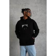 Barlashive Erkek 3 İplik Pamuklu Baskılı Kapüşonlu Cepli Sweatshirt Hoodie - Siyah Çok Renkli