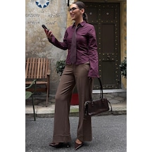 Madmext Vizon Çizgili Geniş Paça Normal Bel Kemerli Pantolon Mg2735 Vizon