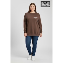 Süperlife Kadın Büyük Beden Unified Collective Baskılı Bisiklet Yaka İnce Sweatshirt Spr26bswk956-10 Kahverengi