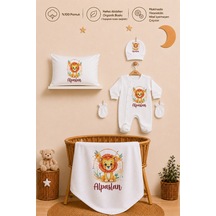 Pia Baby İsme Özel Erkek Bebek Hastane Çıkışı 5 Parça Tulum Seti %100 Pamuk Organik Baskılı 1011tyb0x Ekru