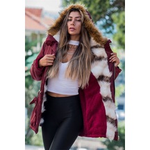 Bordo Su Geçirmez İçi Kürklü Kürk Kapüşonlu Mont