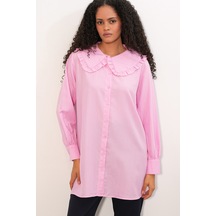 Bigdart Kadın Geniş Yaka Fırfır Detaylı Çizgili Tunik Gömlek 5993 - Pembe