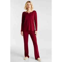 Benerly Kadın V Yaka Standart Kol Uzun Kol Kaşkorse Örme Pijama Takımı Fo bordo