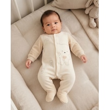 Genel Markalar Unisex Bebek Bej Ayıcık Detaylı Kadife Patikli Tulum