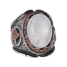 Doğal Cabochon Akuamarin Taş Yüzük, Osmanlı İmparatorluğu Tuğra Gümüş Yüzük, Huzur Temalı 925k Katı Gümüş Erkek Yüzük Gümüş