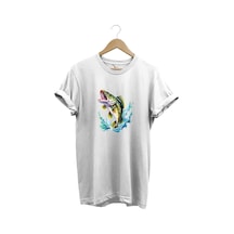 Fishing Balıkçılık Levrek Balığı Deniz Baskılı %100 Pamuk Regular Fit Bisiklet Yaka Beyaz T-shirt Beyaz