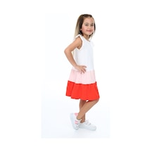 Toontoy Kız Çocuk Baskılı Relax Fit Bisiklet Yaka Kısa Kollu Kat Kat Elbise - Renk Bloklu & Pudra