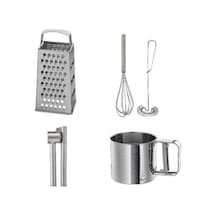 4 Lü Set, Idealısk Rende 2'li Çırpıcı Seti Frk Koncıs Çelik Sarımsak Ezici Un Eleği Kontef Açık Gri