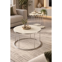 Sulorahome Gümüş Metal Ayaklı Krem Renkli 4'lü Sehpa Seti